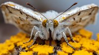 Extreme close up macro photography of white butterfly with fuzzy body and antennae resting on bright yellow flower, showing detailed texture and features in nature.