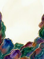 Watercolor abstract geode border with vibrant jewel tones and gold accents on cream background, isolated design element for invitations, cards, and creative projects.