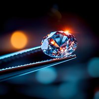 Brilliant diamond held by tweezers against dark background with orange sun and blue bokeh lights, showcasing luxury jewelry craftsmanship and precious stone detail.