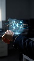 Businessman holding holographic tablet displaying connected network of people icons with digital data visualization and glowing light effects for technology and communication concepts.