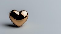 Metallic gold heart shape on gray background with reflection, minimalist romantic symbol for love and luxury design elements.
