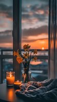 Cozy window sill with daffodils in vase and burning candles during golden sunset. Warm evening atmosphere with soft blanket and dramatic sky view.