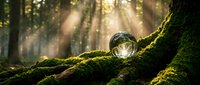 Crystal ball resting on moss-covered tree trunk in enchanted forest with golden sunlight rays streaming through trees creating magical atmosphere.