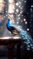 Majestic peacock with vibrant blue plumage standing on wooden surface against dark background with magical bokeh lights and falling snow creating dreamy atmosphere.
