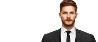 Young Caucasian businessman wearing black suit, white shirt and tie looking confident against white background, professional corporate portrait for business and finance industry.