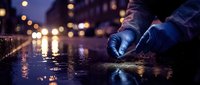 Forensic investigator in blue gloves collecting evidence from wet pavement at night crime scene with city lights bokeh background for police investigation.