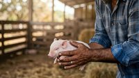 Farmer holding young pink piglet in hands at rural farm with wooden fence and barn in background during daytime.