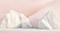 White limestone rocks on pink pastel background, minimalist surreal landscape composition with soft gradient sky and clean geometric shapes for modern design.