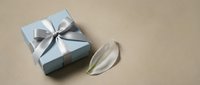 Elegant gift box with silver ribbon bow and white feather on neutral beige background for special occasions and celebrations.