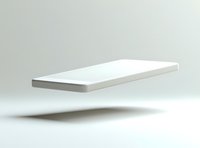 Minimalist white smartphone mockup floating in air casting soft shadow on light background, isolated design element for technology presentations.