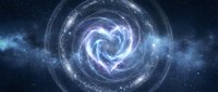 Cosmic spiral galaxy with swirling purple and blue nebula clouds in deep space surrounded by glittering stars and cosmic dust particles.