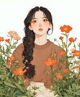 Young Asian woman with long braided dark hair in brown sweater surrounded by blooming orange cosmos flowers in garden setting. Dreamy artistic portrait style.