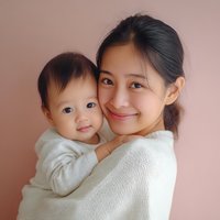 Happy Asian mother holding adorable baby in cozy sweater against soft pink background. Loving family bonding moment for parenting and childcare content.