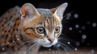 Striking close-up portrait of spotted wild cat with intense blue eyes and detailed whiskers against dark background with bokeh lights, dramatic wildlife photography.