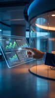 Businessman analyzing financial data on transparent tablet with green growth charts and graphs in modern office environment for business analytics.
