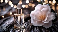 Luxury perfume bottle with dropper and white camellia flower on rustic wood surface with golden bokeh lights creating elegant spa and beauty atmosphere.