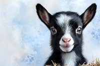 Adorable black and white baby goat portrait with expressive eyes and pink nose against soft blue background, resting on golden hay. Great for farm animal themes.
