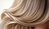 Smooth wavy blonde hair strands close-up showing natural highlights and lowlights in flowing motion against light background, demonstrating healthy shine and texture.