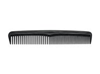 Isolated black plastic hair comb with wide and fine teeth sections on white background, ready for design use on product packaging, beauty websites, and salon promotional materials.