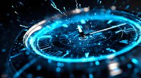 Clock face with glowing blue light effects and shattered glass fragments creating dynamic motion blur against dark background, representing time concept and urgency.