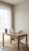 Modern minimalist home office workspace with wooden desk, laptop, and natural light from window with beige curtains for remote work productivity.