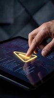 Male hand with medium skin tone touching glowing yellow checkmark icon on digital tablet screen displaying code, representing approval, verification, and cybersecurity technology solutions.