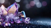Magical purple and blue crystal cluster with raw amethyst points emerging from dark background with sparkling bokeh lights and glitter surface.