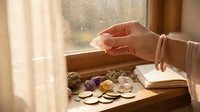 Woman hand selecting healing crystals from collection on wooden windowsill with natural sunlight for meditation and spiritual wellness practices.