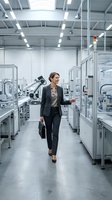 Female engineer or factory manager walking through modern manufacturing facility with robotic automation equipment and industrial machinery for business and technology concepts.