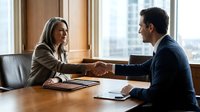 Professional businesswoman and businessman shaking hands across conference table in modern office meeting room with city skyline view.