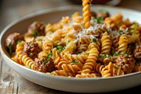 Rotini pasta with spicy Italian sausage meat sauce, fresh herbs and grated parmesan cheese served in white ceramic bowl on rustic wooden table.