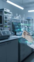 Scientist using holographic interface technology in modern laboratory with digital data visualization and molecular analysis displays.