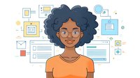Cheerful African American woman with natural curly hair and glasses wearing orange t-shirt, surrounded by UI elements and web design icons perfect for tech blogs and digital marketing.