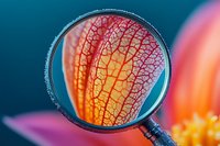 Extreme macro photography of plant leaf structure through magnifying glass showing intricate vein patterns in vibrant orange and pink colors against blurred background.