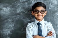 Young South Asian student wearing glasses, white shirt and blue tie poses confidently with crossed arms against textured gray background. Professional portrait.