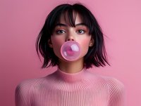 Young Asian woman with short black hair blowing pink bubble gum bubble, wearing pink turtleneck sweater against pink background. Modern fashion portrait with minimalist style.