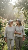 Two middle-aged women with gray hair stroll arm-in-arm through a sunlit garden filled with blooming roses and flowering shrubs, perfect for lifestyle, family, and wellness marketing campaigns.