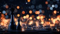 Black chess king and pawn pieces on dark background with glowing orange and blue bokeh lights creating magical atmosphere for strategy concepts.