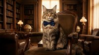 Fluffy tabby cat wearing blue bow tie sitting in leather armchair in luxurious library with bookshelves and warm lighting, perfect for pet and lifestyle designs.