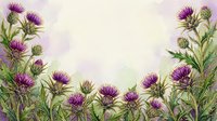 Watercolor thistle flowers border with purple blooms and green leaves on soft light background, copy space for text.