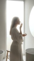 Young woman with long dark hair and fair complexion applying skincare product to face in bright minimalist bathroom with natural window light, suitable for beauty, wellness, and cosmetics marketing.