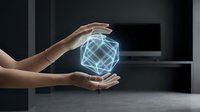 Hands holding glowing digital wireframe cube in modern office setting, representing technology, innovation, data processing, and future digital transformation concepts.