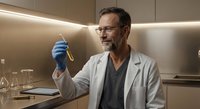 Middle-aged Caucasian male scientist in white lab coat examining test tube sample in modern laboratory setting with professional lighting and equipment.