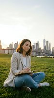 Young professional woman writing in journal outdoors at sunset with city skyline background for mindfulness and personal development content.