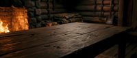 Empty wooden table in rustic cabin interior with fireplace glow, suitable for product placement, food photography, and lifestyle compositions.