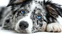 Australian shepherd dog with blue eyes lying down looking at camera with paws crossed on white background. Purebred merle coat pattern pet portrait.
