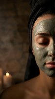 Young woman with green clay facial mask relaxing during spa treatment with candle ambiance for skincare and wellness routine.