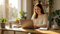 Young woman working on laptop at home office desk with plants and natural sunlight creating productive workspace atmosphere.