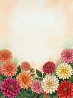 Watercolor dahlia flowers border frame with soft pastel background for greeting cards, invitations, and floral design projects.