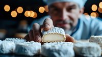 Professional pastry chef presenting fresh cream-filled pastry with meringue topping against blurred bokeh lights, close-up view of dessert preparation in restaurant kitchen.